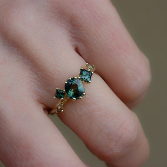 Dryad Trilogy Engagement Ring - Teal Sapphires And Champagne Diamonds