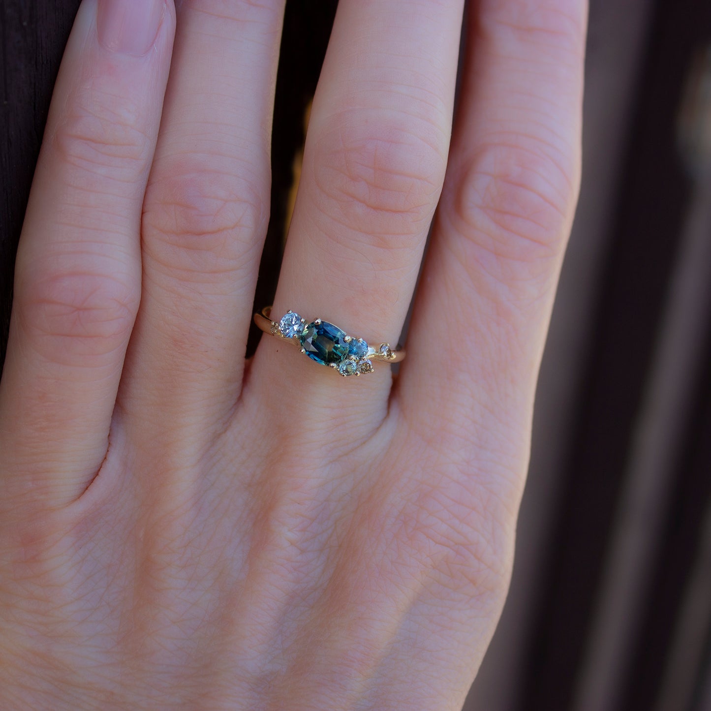 One Of A Kind Dryad IV Ring - Parti And Teal Sapphires And Champagne Diamonds - Irena Chmura Jewellery