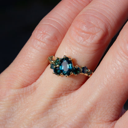 One Of A Kind Dryad V Ring - Teal Sapphires And Champagne Diamonds