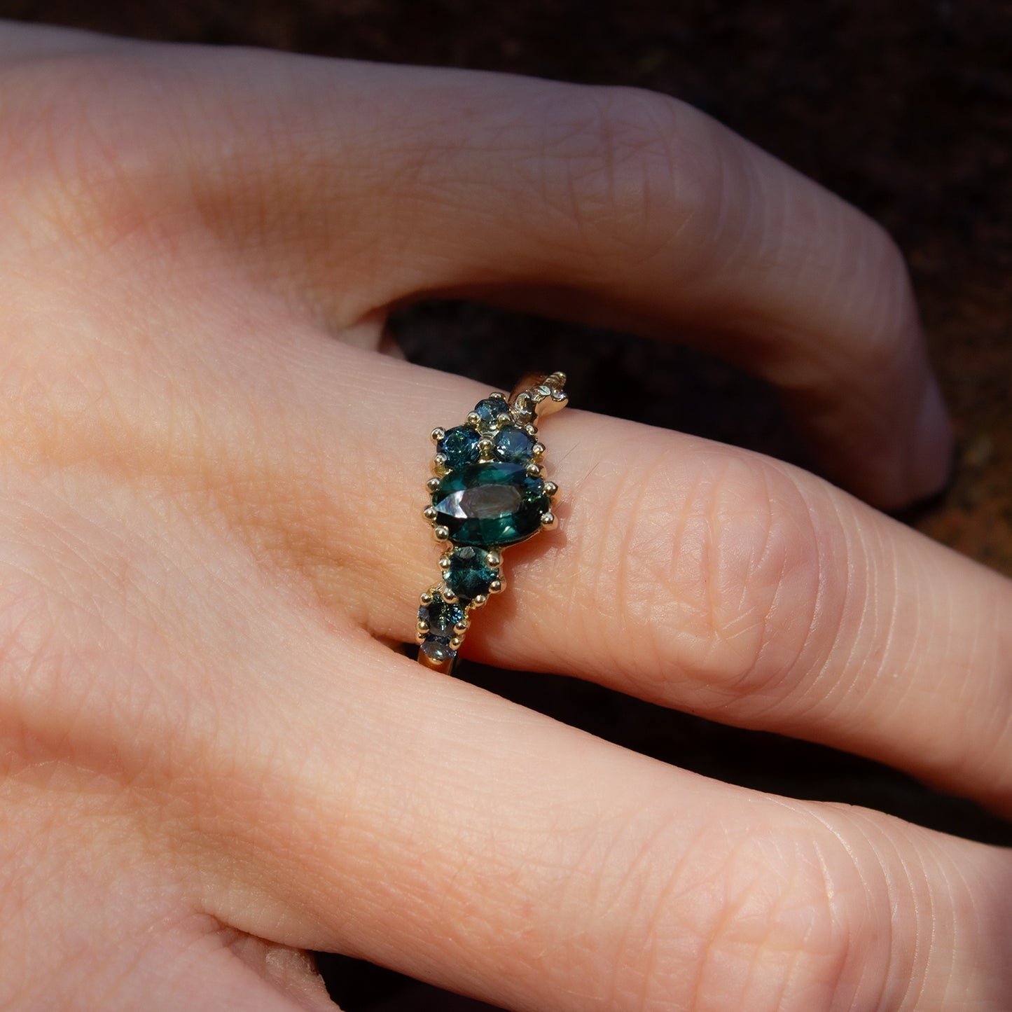 One Of A Kind Dryad V Ring - Teal Sapphires And Champagne Diamonds