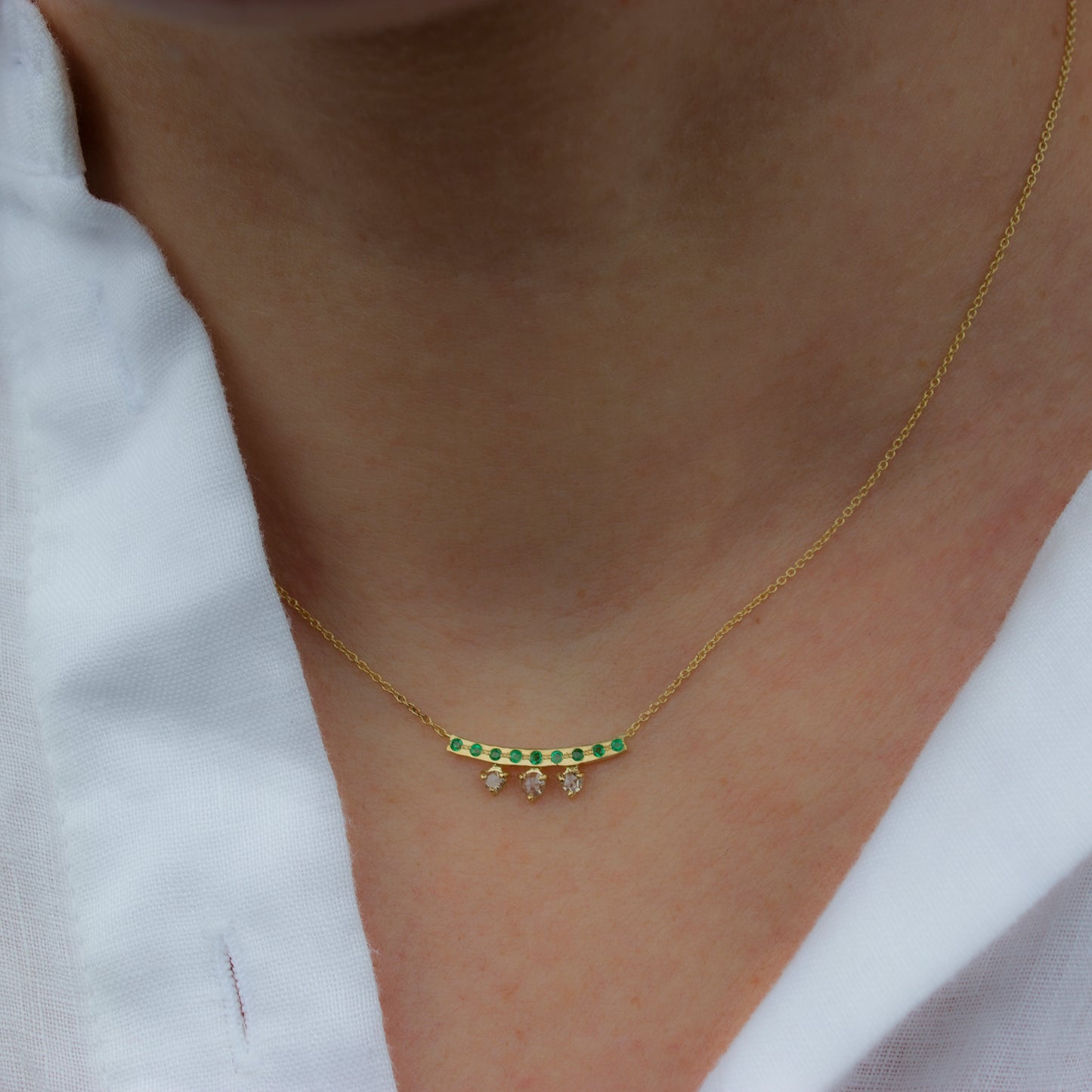 CROWN BAR NECKLACE - CHAMPAGNE DIAMONDS & EMERALDS - Irena Chmura Jewellery