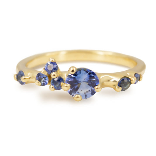 Asymmetrical, delicate ring featuring beautiful blue sapphires scattered along a gold band.