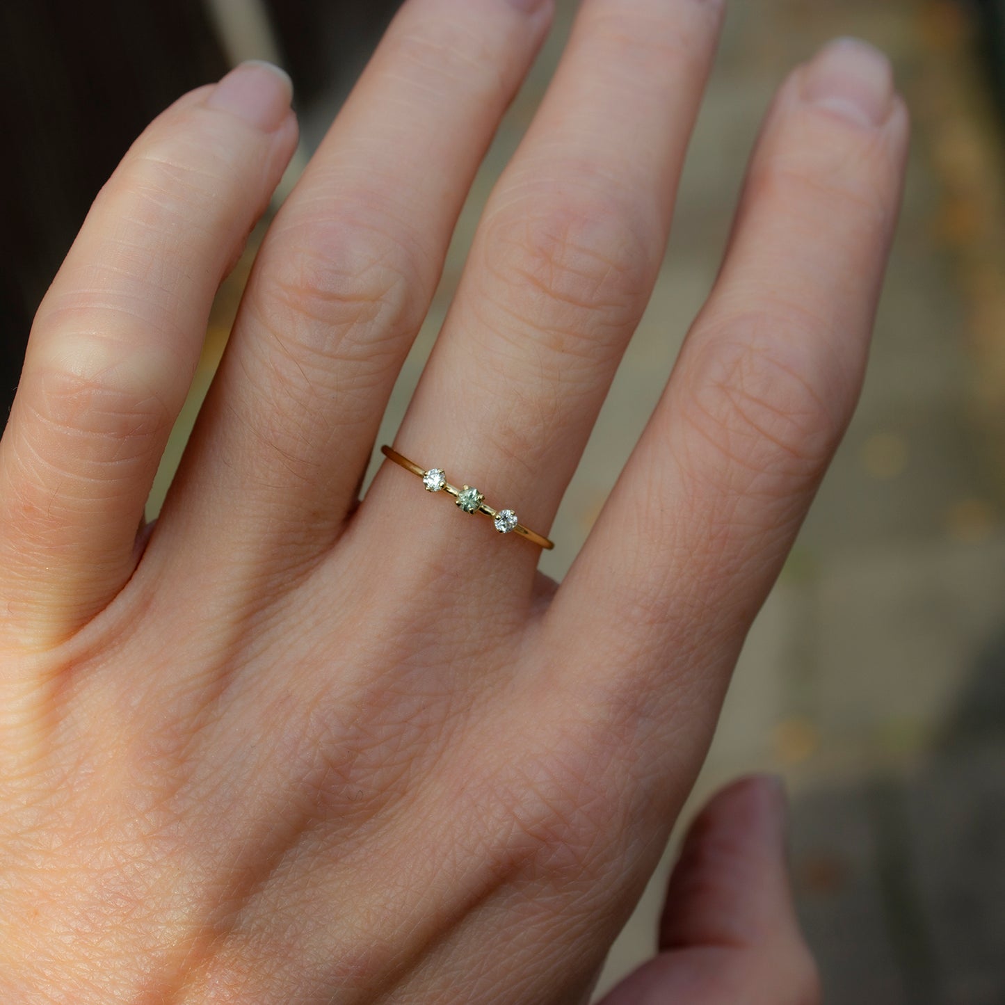3 Stone Ring - Green Sapphire And White Diamonds