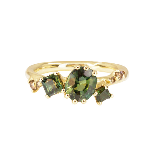 Dryad Trilogy Engagement Ring - Teal Sapphires And Champagne Diamonds