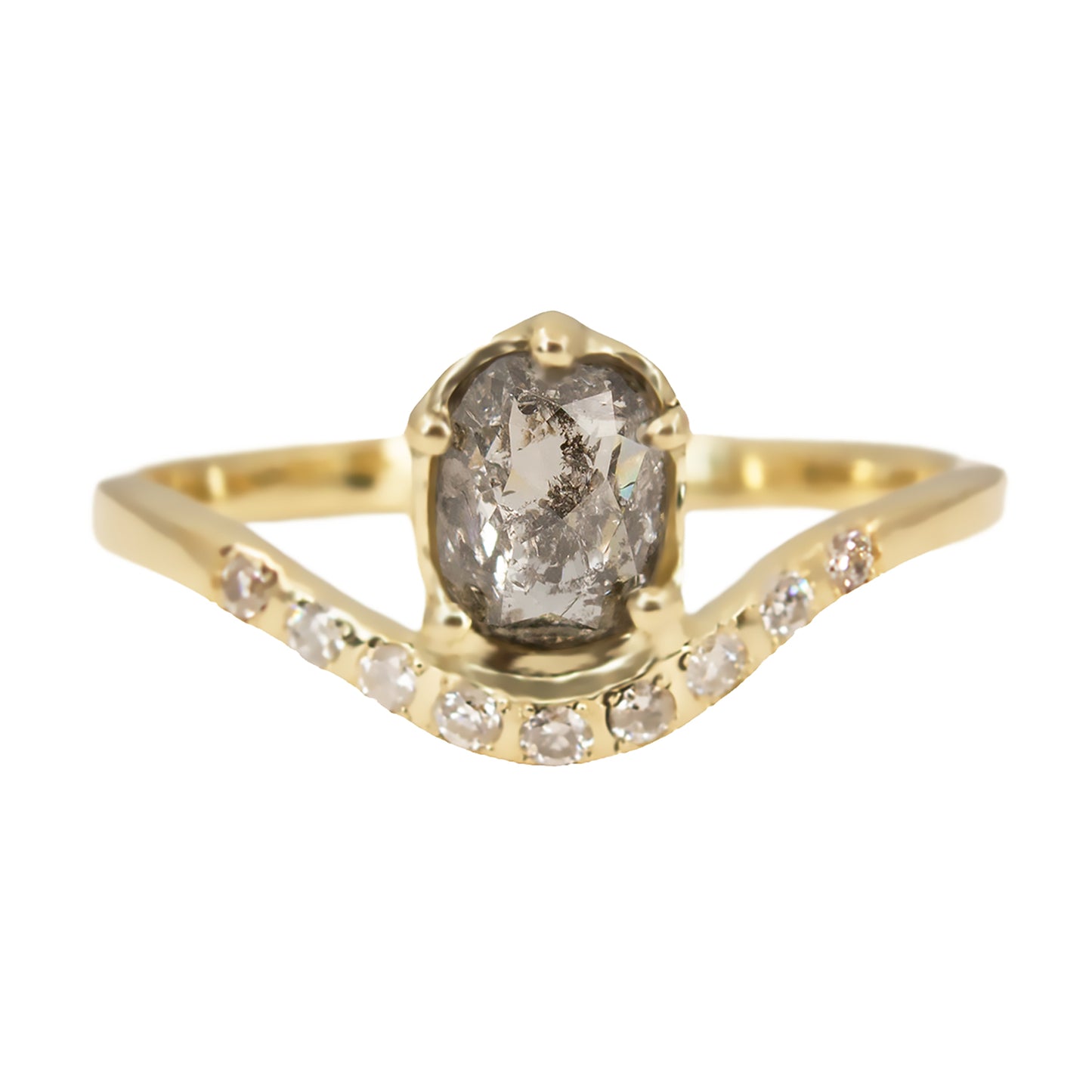 Delicate curved ring in gold featuring cushion rose cut grey diamond and smaller grey diamonds. Irena Chmura Jewellery