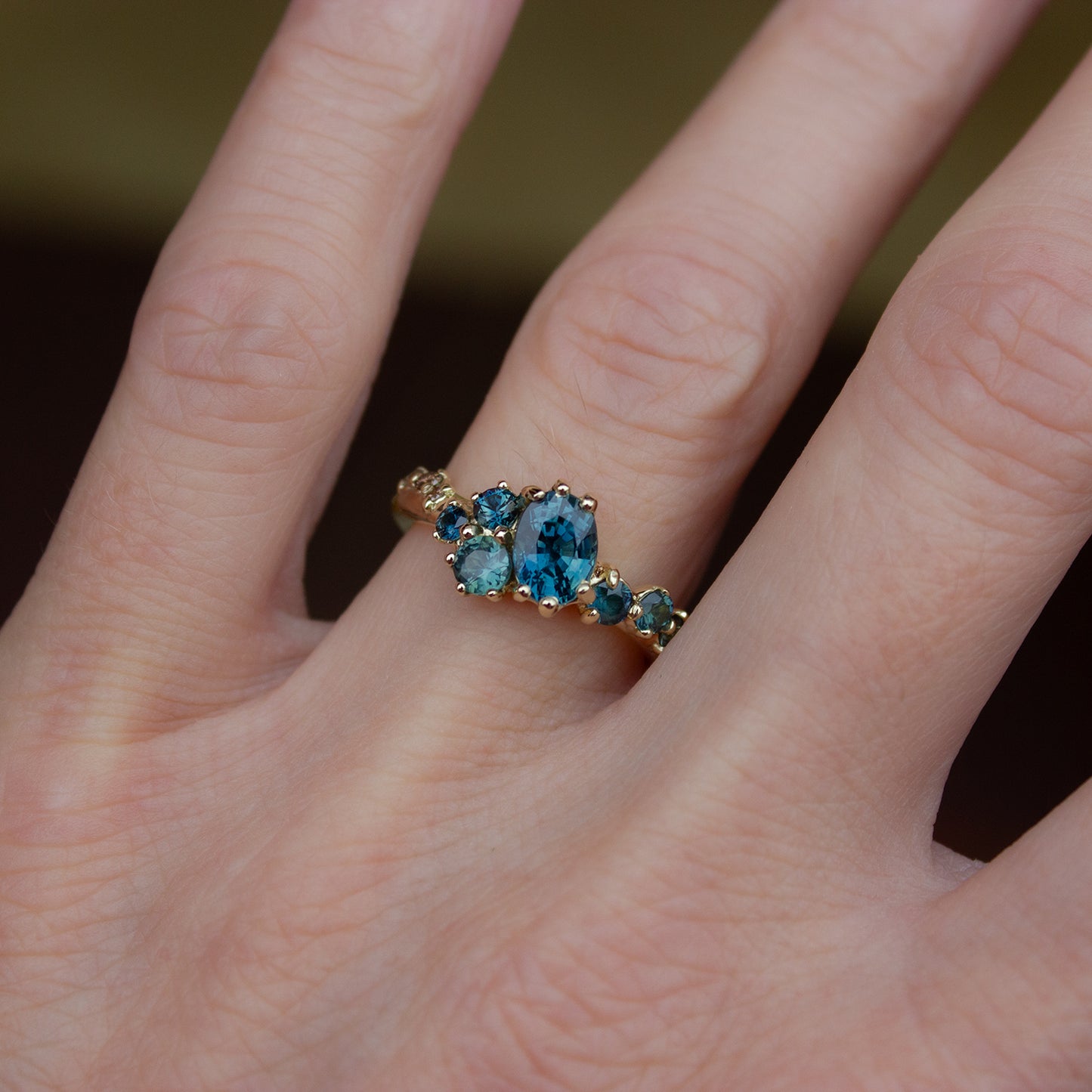 One Of A Kind Dryad V Ring - Teal Sapphires And Champagne Diamonds