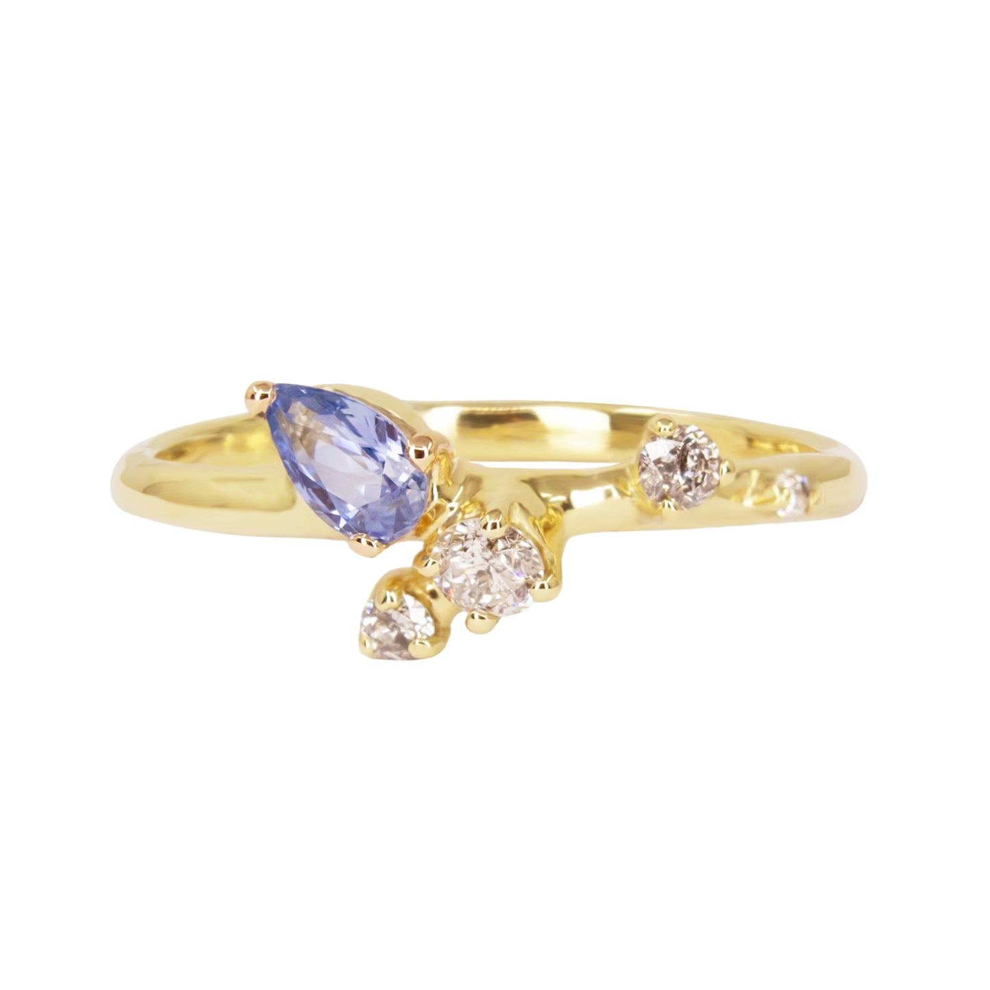 Gold ring with a purple gemstone and two diamonds on a white background