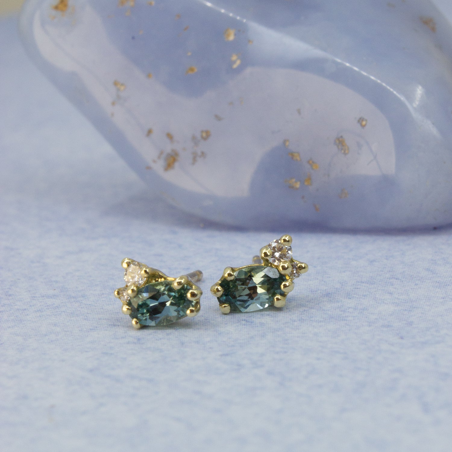 One Of A Kind Dryad II Stud Earrings - Teal sapphire and White Diamond - Pair - Irena Chmura Jewellery
