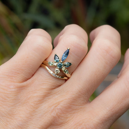 Water Lily Engagement Ring - Teal sapphires And Yellow Diamonds