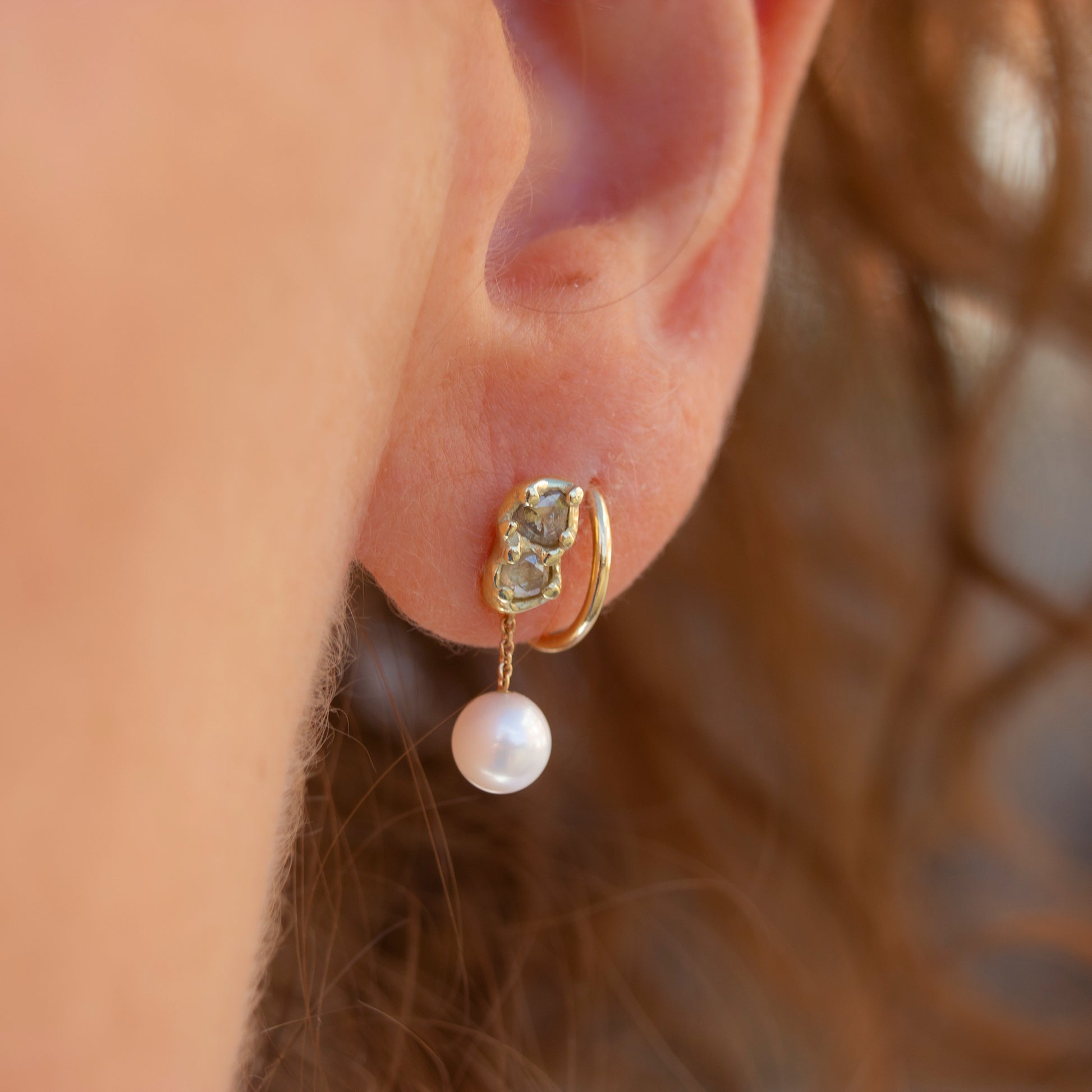 ONE OF A KIND GAIA EARRINGS - CHAMPAGNE DIAMONDS AND PEARL - Irena Chmura Jewellery